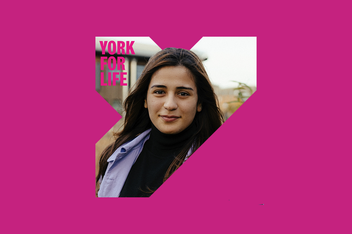 headshot of a student on a pink background with branded York for Life elements around it